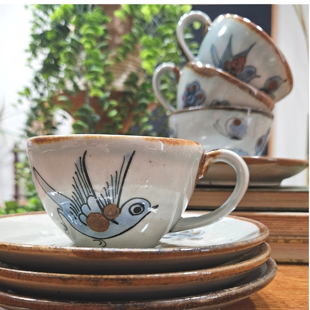Vintage Ken Edwards El Palomar Tonala Mexico Pottery 4 Tea Cups & 4 Saucers Bird
